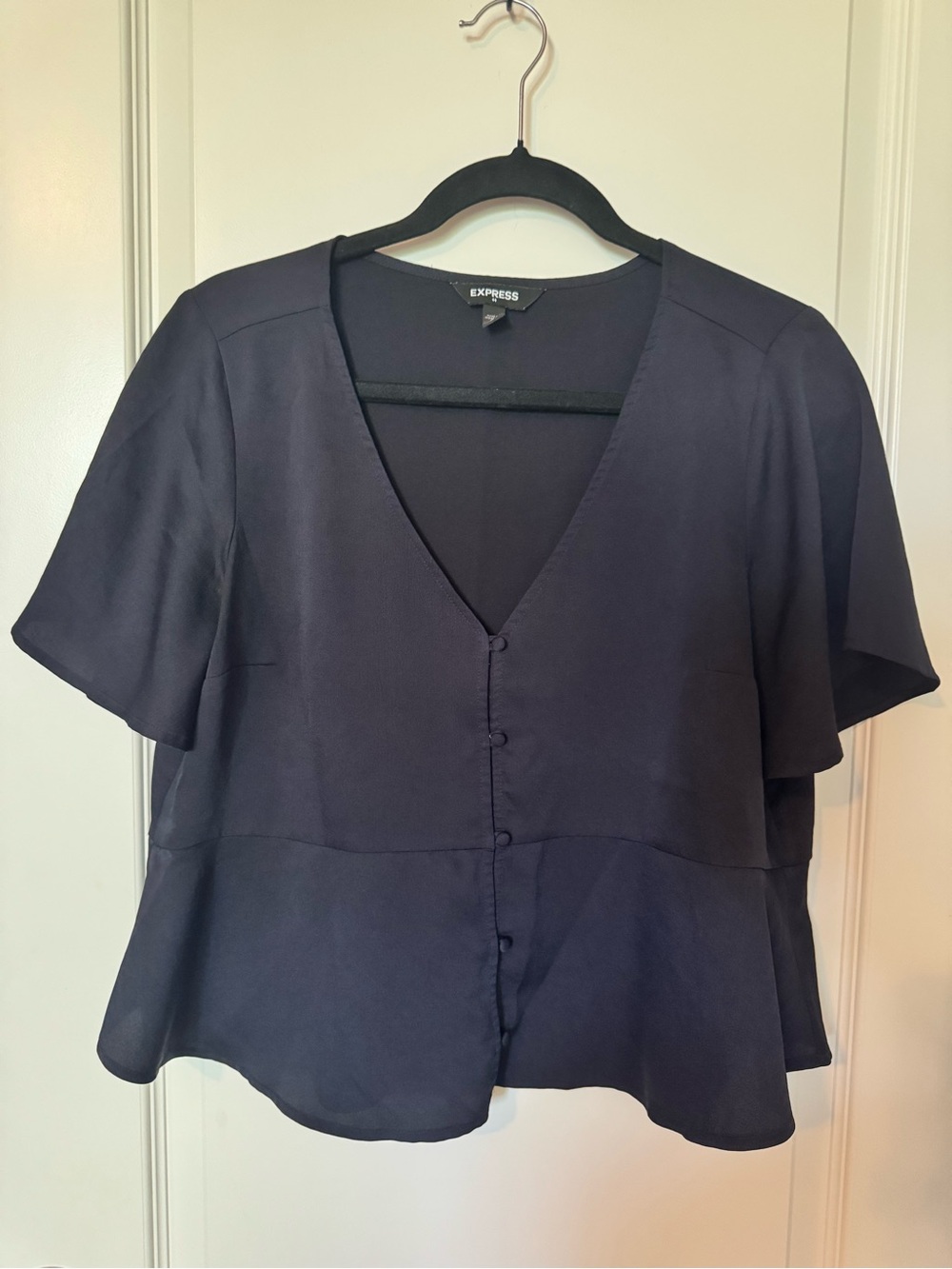 Express Navy Button-Front V-Neck Blouse